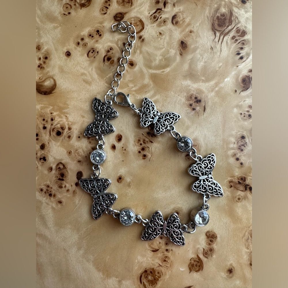 Dainty Butterfly and Crystal Charm Bracelet